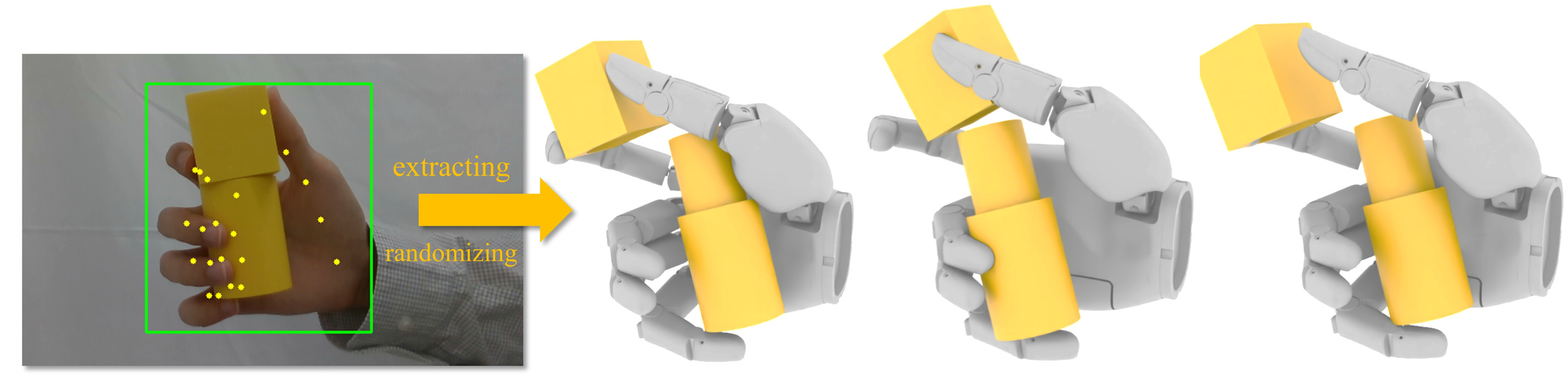A human Bottle assembly reference snapshot and three randomized initial robot-hand configurations derived from it.